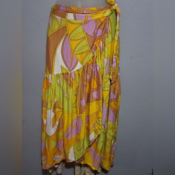 Rachel Zoe Yellow Brown Wrap Midi Skirt Casual - Picture 3 of 7